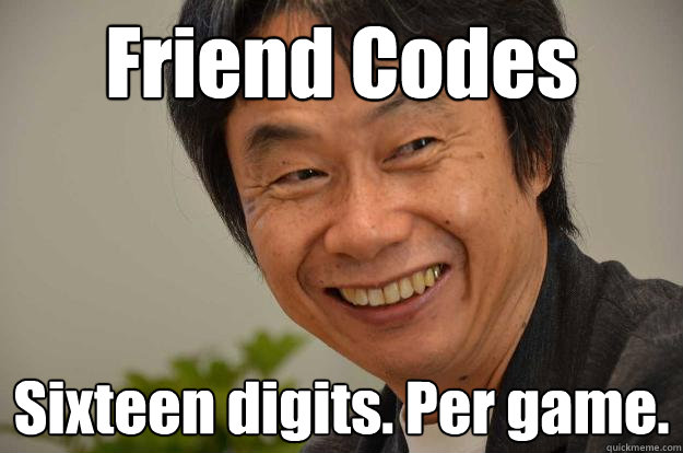 Friend Codes Sixteen digits. Per game.  Miyamoto Troll Face