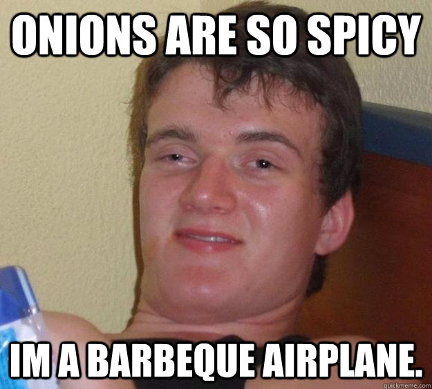 Onions are so spicy Im a barbeque airplane. - Onions are so spicy Im a barbeque airplane.  10 Guy