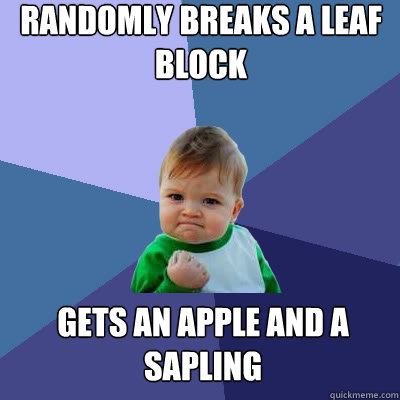 Randomly breaks a leaf block gets an apple and a sapling  Success Baby
