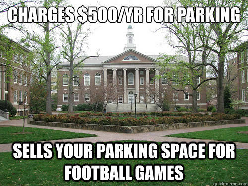 Charges $500/yr for parking Sells your parking space for football games  Scumbag University