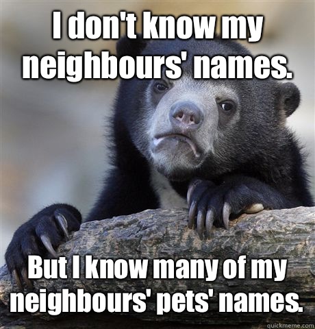 I don't know my neighbours' names. But I know many of my neighbours' pets' names.  Confession Bear