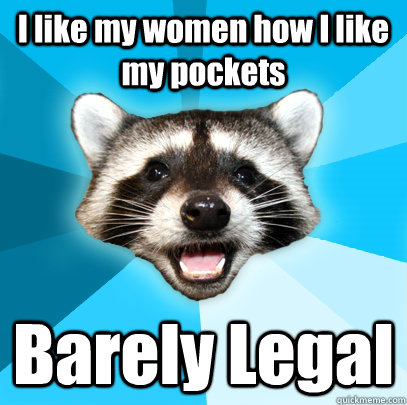I like my women how I like my pockets Barely Legal  Lame Pun Coon