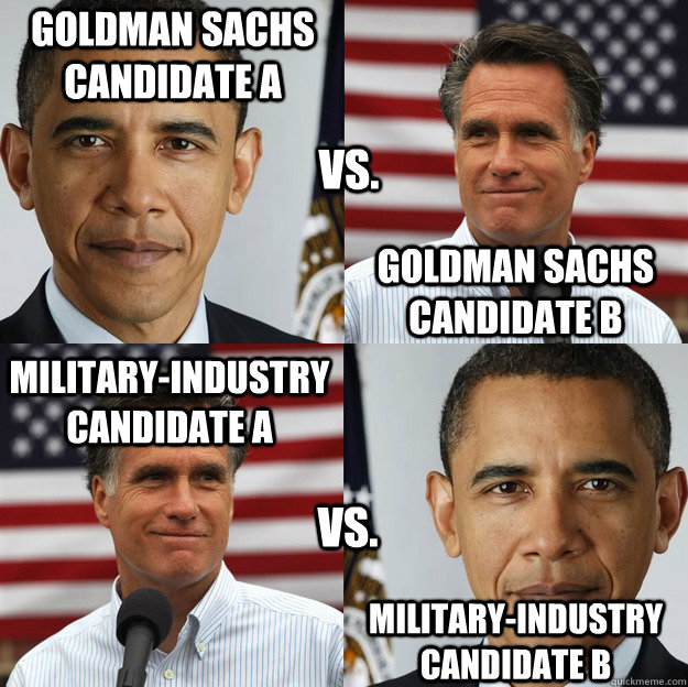 Goldman Sachs candidate A Goldman Sachs candidate B Military-Industry candidate A Military-Industry candidate B vs. vs.  