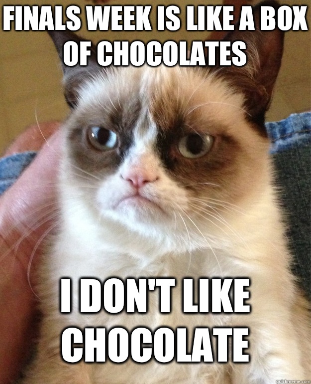 Finals week is like a box of chocolates I don't like chocolate   Grumpy Cat