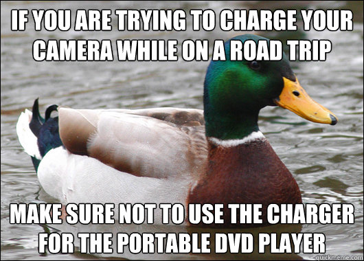 If you are trying to charge your camera while on a road trip Make sure not to use the charger for the portable dvd player  Actual Advice Mallard