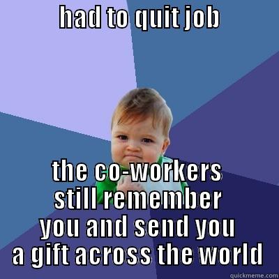             HAD TO QUIT JOB                       THE CO-WORKERS STILL REMEMBER YOU AND SEND YOU A GIFT ACROSS THE WORLD Success Kid