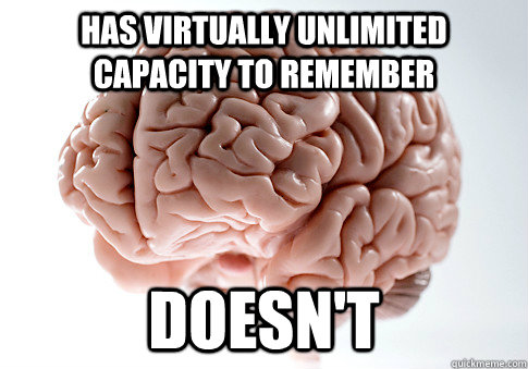 Has virtually unlimited capacity to remember Doesn't  Scumbag Brain