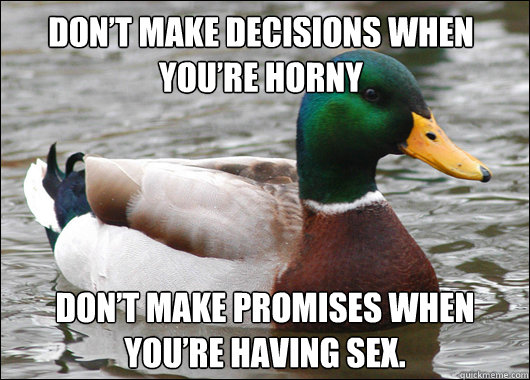 Don’t Make Decisions When You’re horny Don’t Make Promises When You’re having sex.  Actual Advice Mallard