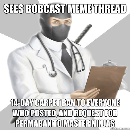 Sees bobcast meme thread 14-day carpet ban to everyone who posted, and request for permaban to Master Ninjas - Sees bobcast meme thread 14-day carpet ban to everyone who posted, and request for permaban to Master Ninjas  Misc