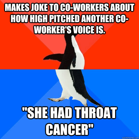 makes joke to co-workers about how high pitched another co-worker's voice is. 