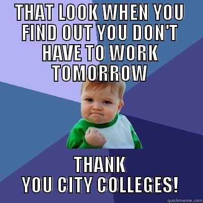 THAT LOOK WHEN YOU FIND OUT YOU DON'T HAVE TO WORK TOMORROW THANK YOU CITY COLLEGES! Success Kid