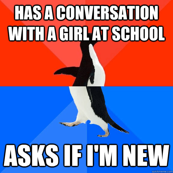 Has a conversation with a girl at school Asks if I'm new  Socially Awesome Awkward Penguin