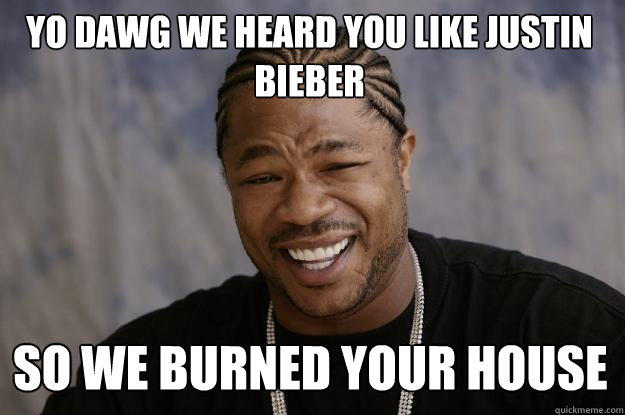 yo dawg we heard you like justin bieber so we burned your house - yo dawg we heard you like justin bieber so we burned your house  Xzibit meme