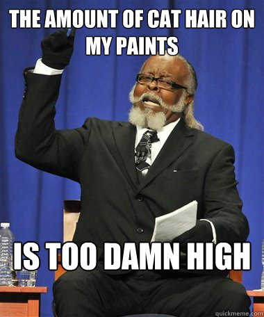 The amount of cat hair on my paints  Is too damn high  Rent Is Too Damn High Guy