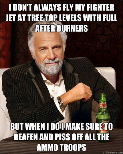 i don't always fly my fighter jet at tree top levels with full after burners but when i do i make sure to deafen and piss off all the ammo troops   Dos Equis man