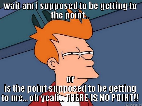 WAIT AM I SUPPOSED TO BE GETTING TO THE POINT... OR IS THE POINT SUPPOSED TO BE GETTING TO ME... OH YEAH... THERE IS NO POINT!! Futurama Fry
