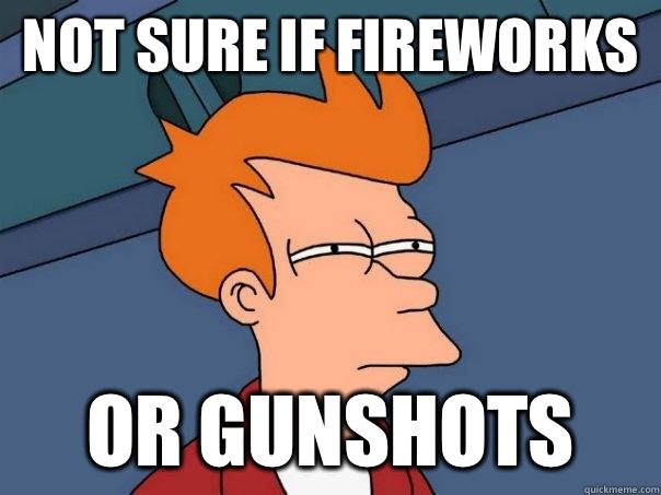 not sure if fireworks or gunshots  Futurama Fry