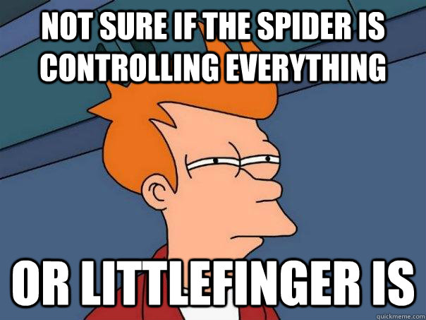 Not sure if The spider is controlling everything Or littlefinger is  Futurama Fry