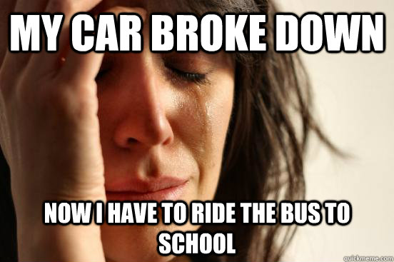 My car broke down  now I have to ride the bus to school  First World Problems