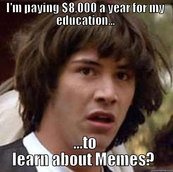 I'M PAYING $8,000 A YEAR FOR MY EDUCATION... ...TO LEARN ABOUT MEMES?  conspiracy keanu