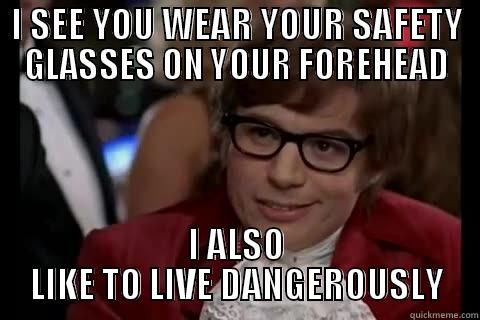 I SEE YOU WEAR YOUR SAFETY GLASSES ON YOUR FOREHEAD I ALSO LIKE TO LIVE DANGEROUSLY Dangerously - Austin Powers