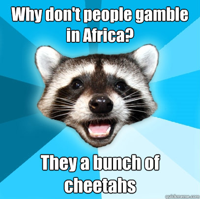 Why don't people gamble in Africa? They a bunch of cheetahs  Lame Pun Coon