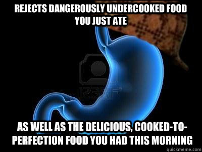 rejects dangerously undercooked food you just ate as well as the delicious, cooked-to-perfection food you had this morning - rejects dangerously undercooked food you just ate as well as the delicious, cooked-to-perfection food you had this morning  Scumbag Stomach