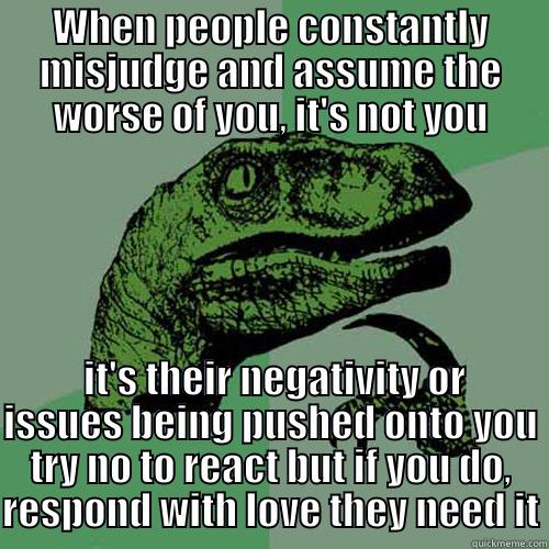 WHEN PEOPLE CONSTANTLY MISJUDGE AND ASSUME THE WORSE OF YOU, IT'S NOT YOU  IT'S THEIR NEGATIVITY OR ISSUES BEING PUSHED ONTO YOU TRY NO TO REACT BUT IF YOU DO, RESPOND WITH LOVE THEY NEED IT Philosoraptor