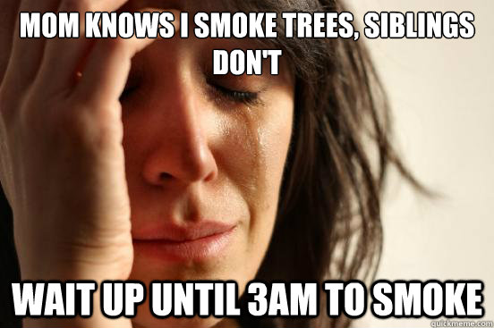 Mom knows i smoke trees, siblings don't Wait up until 3am to smoke  First World Problems