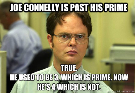 Joe Connelly is past his prime TRUE.  
He used to be 3, which IS prime. Now he's 4 which is not.  Schrute