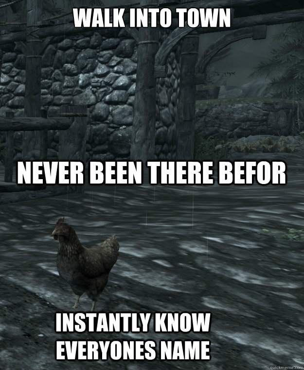 walk into town never been there befor  instantly know everyones name  Skyrim Logic