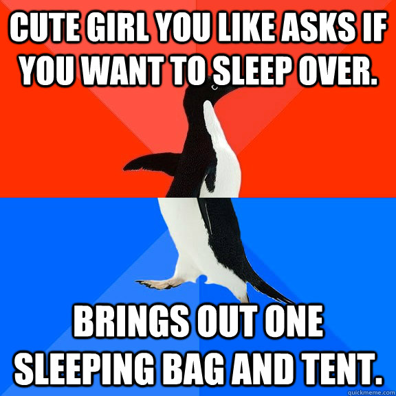 Cute girl you like asks if you want to sleep over. Brings out one sleeping bag and tent.   Socially Awesome Awkward Penguin