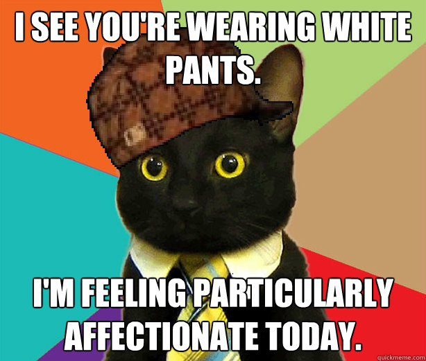 I see you're wearing white pants. I'm feeling particularly affectionate today.  Scumbag Cat
