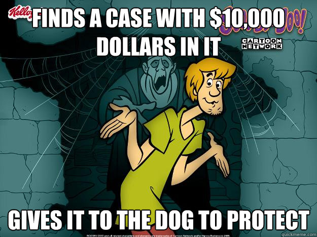 Finds a case with $10,000 dollars in it Gives it to the dog to protect  Irrational Shaggy