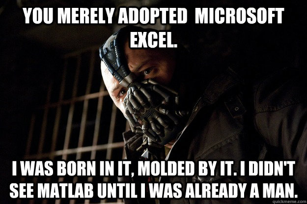 You merely adopted  microsoft excel. I was born in it, molded by it. I didn't see MATLAB until i was already a man.  Angry Bane