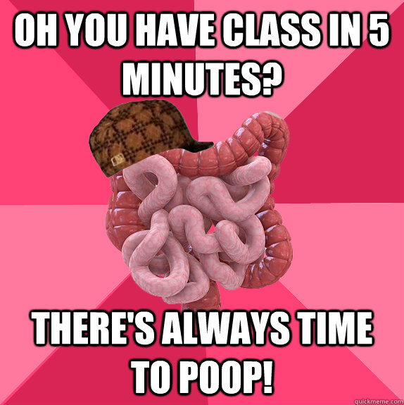 OH YOU HAVE CLASS IN 5 Minutes? there's always time to poop!  Scumbag Intestines
