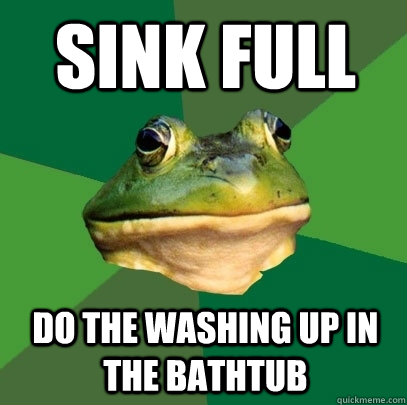 sink full do the washing up in the bathtub  Foul Bachelor Frog