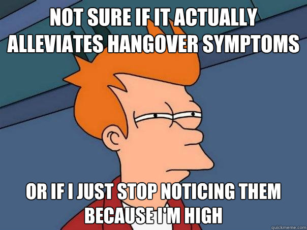 not sure if it actually alleviates hangover symptoms Or if I just stop noticing them because I'm high  Futurama Fry