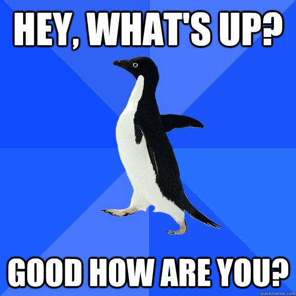 Hey, what's up? Good how are you?  Socially Awkward Penguin