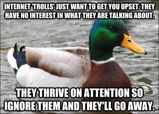 Internet 'trolls' just want to get you upset. They have no interest in what they are talking about. They thrive on attention so ignore them and they'll go away.  Actual Advice Mallard