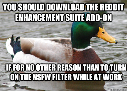 you should download the Reddit Enhancement suite add-on if for no other reason than to turn on the nsfw filter while at work  Actual Advice Mallard