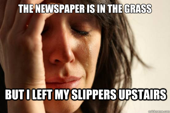 The newspaper is in the grass but I left my slippers upstairs  First World Problems