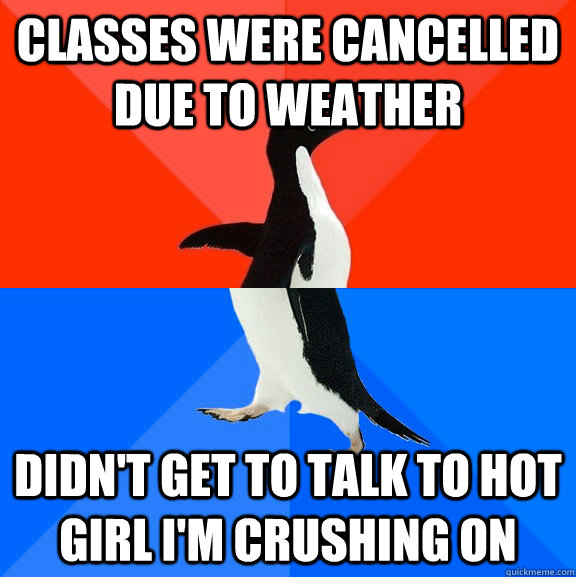 Classes were cancelled due to weather Didn't get to talk to hot girl I'm crushing on  Socially Awesome Awkward Penguin