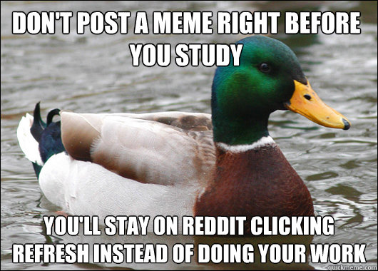 Don't post a meme right before you study You'll stay on Reddit clicking refresh instead of doing your work  Actual Advice Mallard