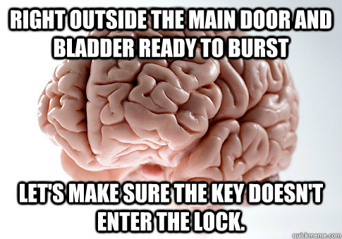 Right outside the main door and bladder ready to burst Let's make sure the key doesn't enter the lock.  Scumbag Brain