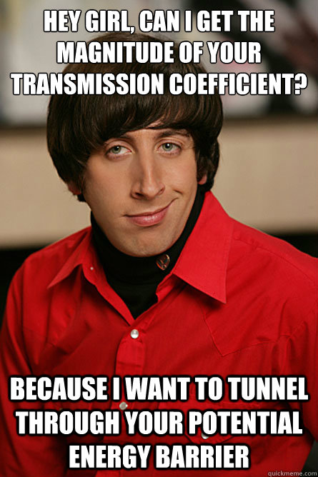 Hey girl, can i get the magnitude of your transmission coefficient? Because I want to tunnel through your potential energy barrier  Pickup Line Scientist