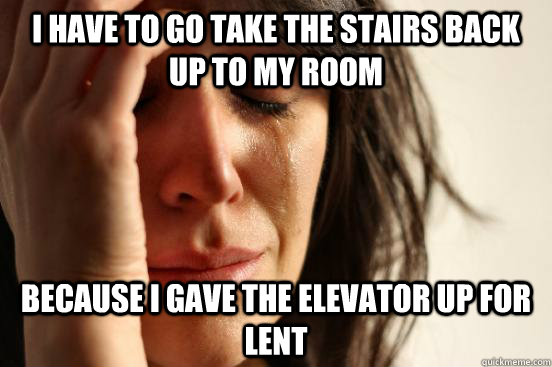 i have to go take the stairs back up to my room because i gave the elevator up for lent  First World Problems
