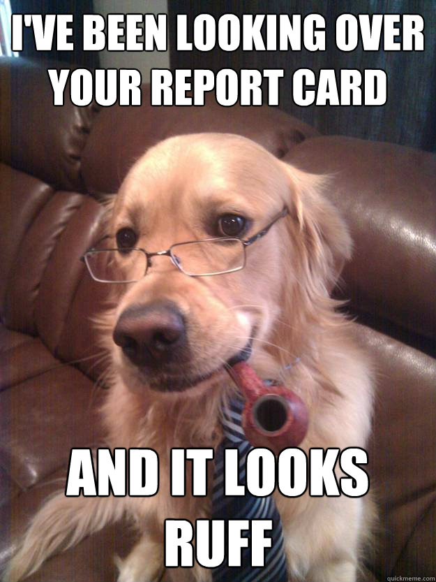 I've been looking over your Report card And it looks ruff  Dad Dog