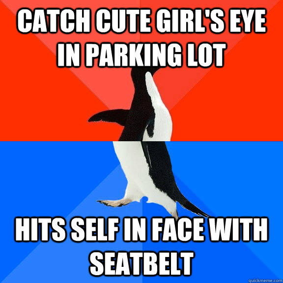 Catch cute girl's eye in parking lot hits self in face with seatbelt - Catch cute girl's eye in parking lot hits self in face with seatbelt  Socially Awesome Awkward Penguin