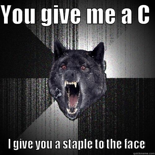 YOU GIVE ME A C  I GIVE YOU A STAPLE TO THE FACE Insanity Wolf